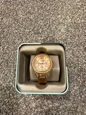 Fossil Rose Gold-tone Crystal Bezel Watch with Pink Dial